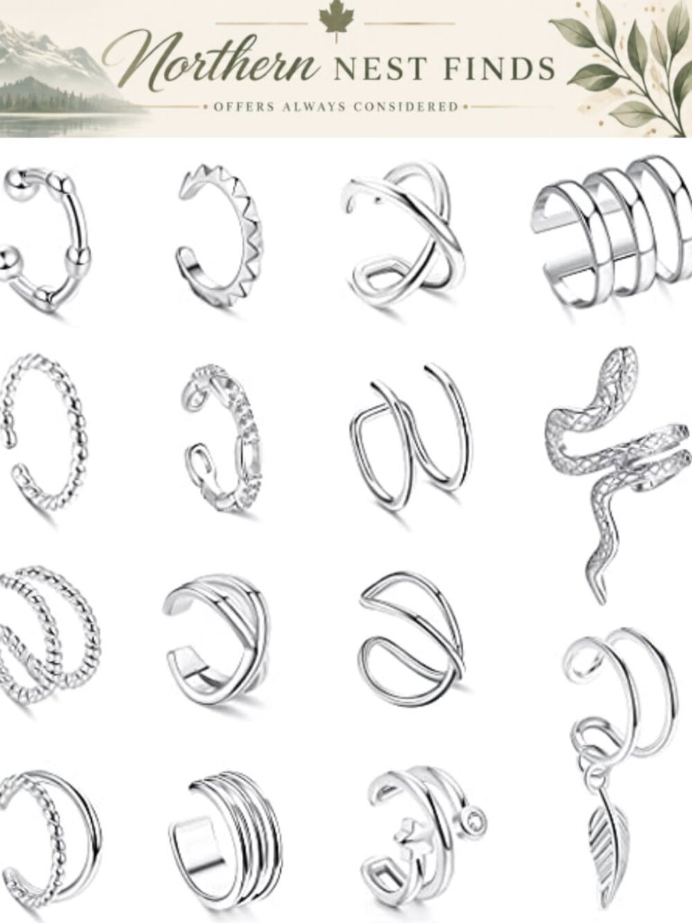 CASSIECA Non-Piercing Ear Cuff Set Gold Plated Brass Clip On Wrap Earrings 15 Pc